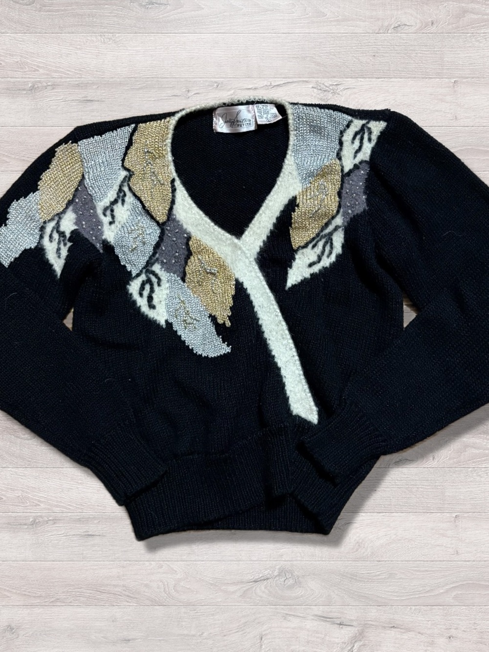 Vintage Jaclyn Smith Petite Leaf Black Gold White Beaded Sweater Women’s Large